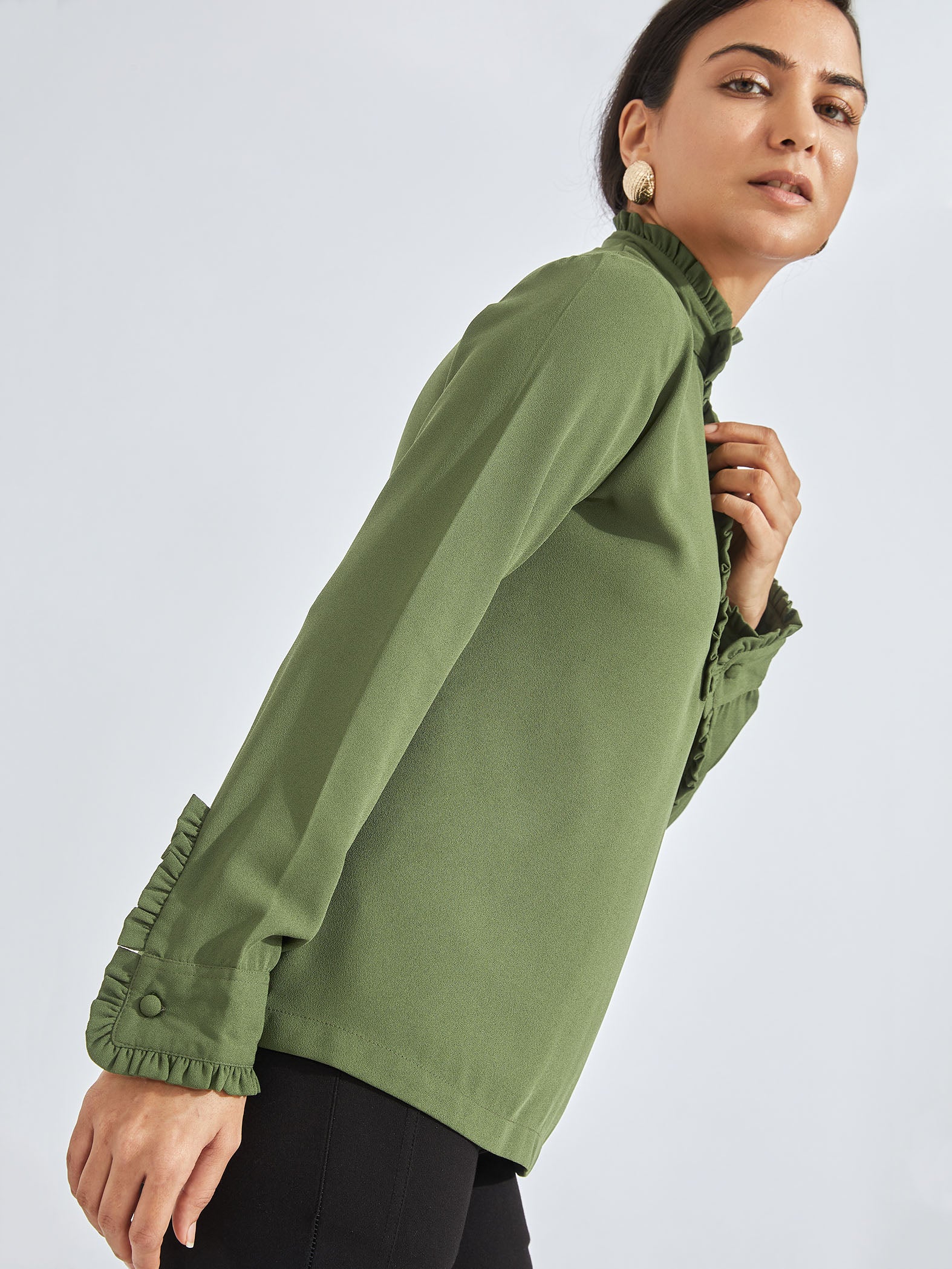 Olive Ruffle Neck Top
