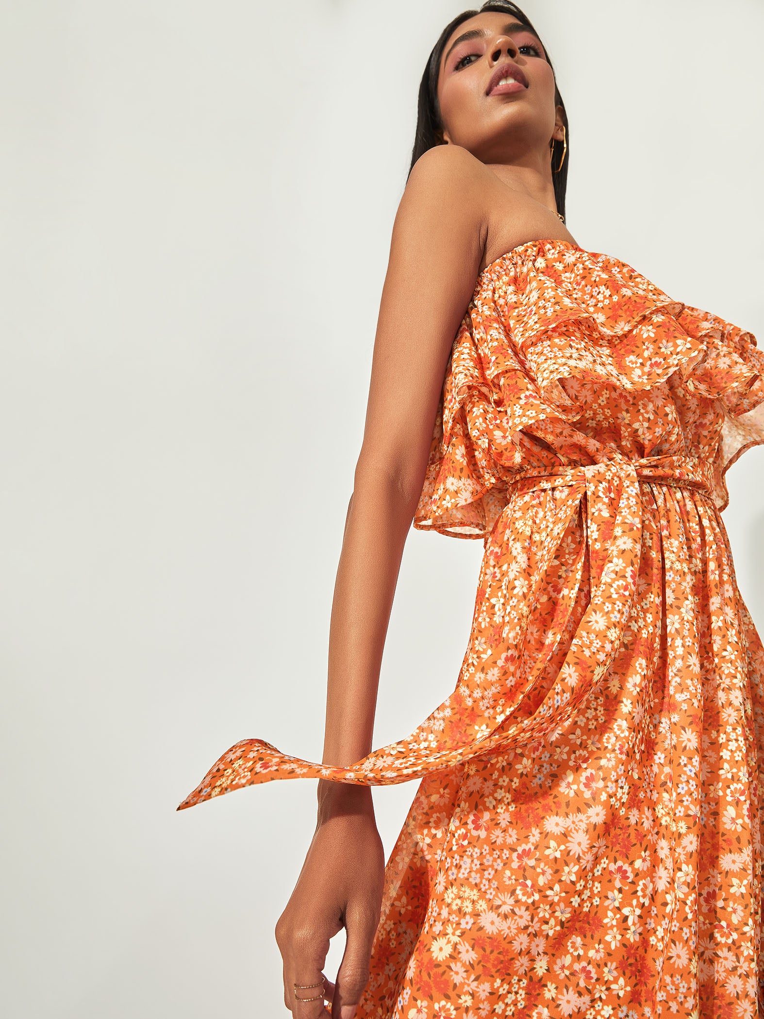 Orange Ruffle Tube Print Dress