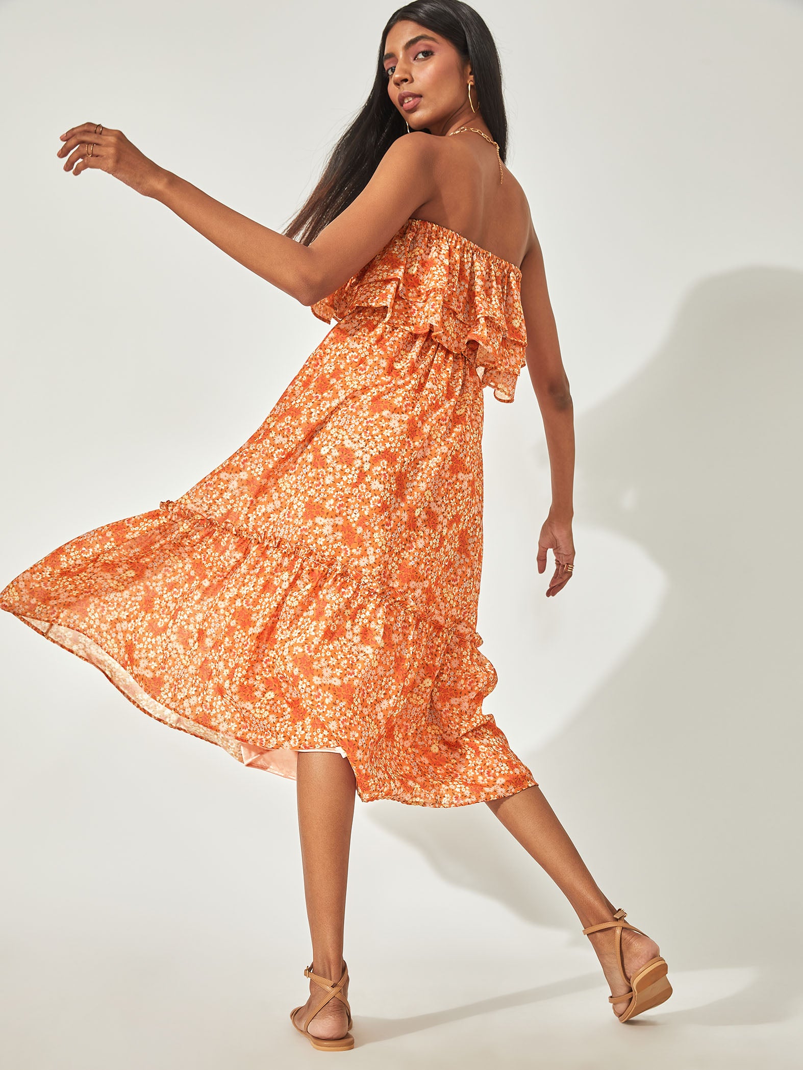 Orange Ruffle Tube Print Dress