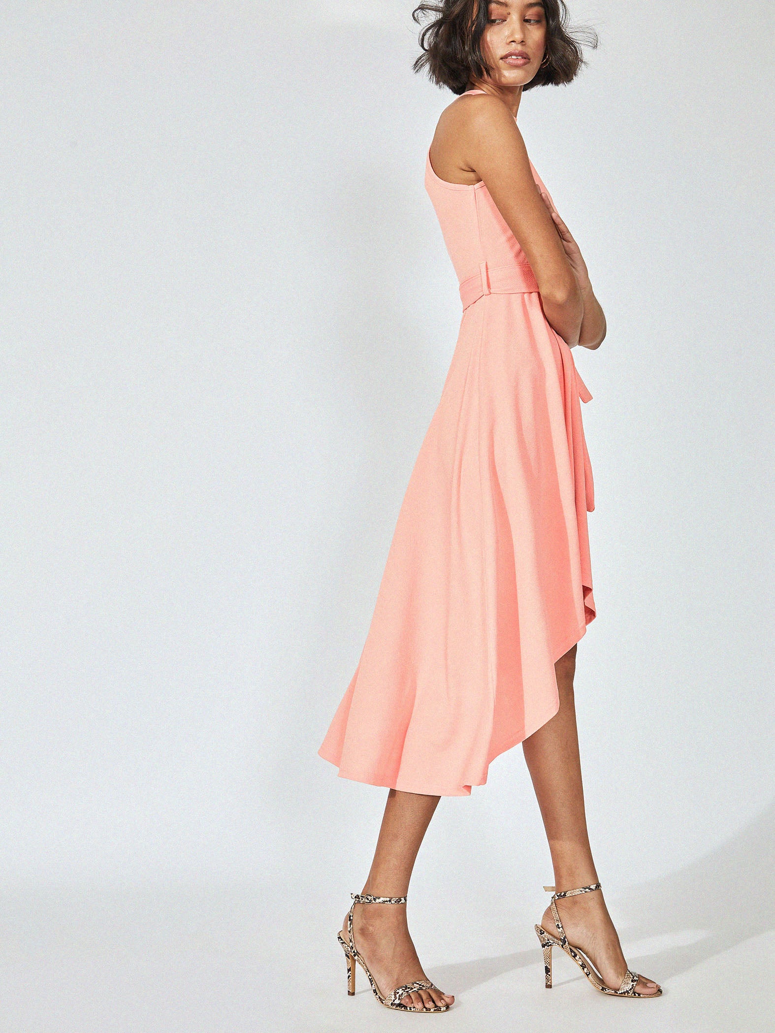 peach high low belted dress