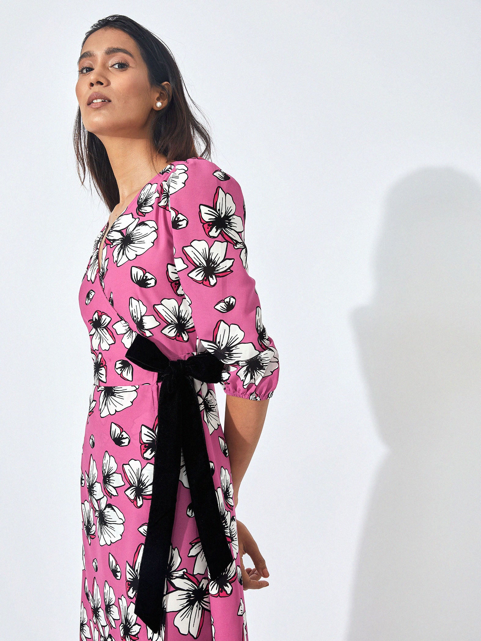 pink blooms belted wrap dress