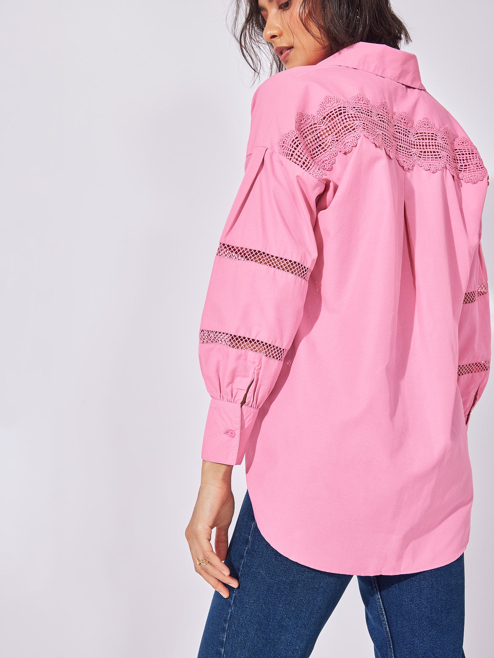 Pink Yoke Lace Insert Shirt