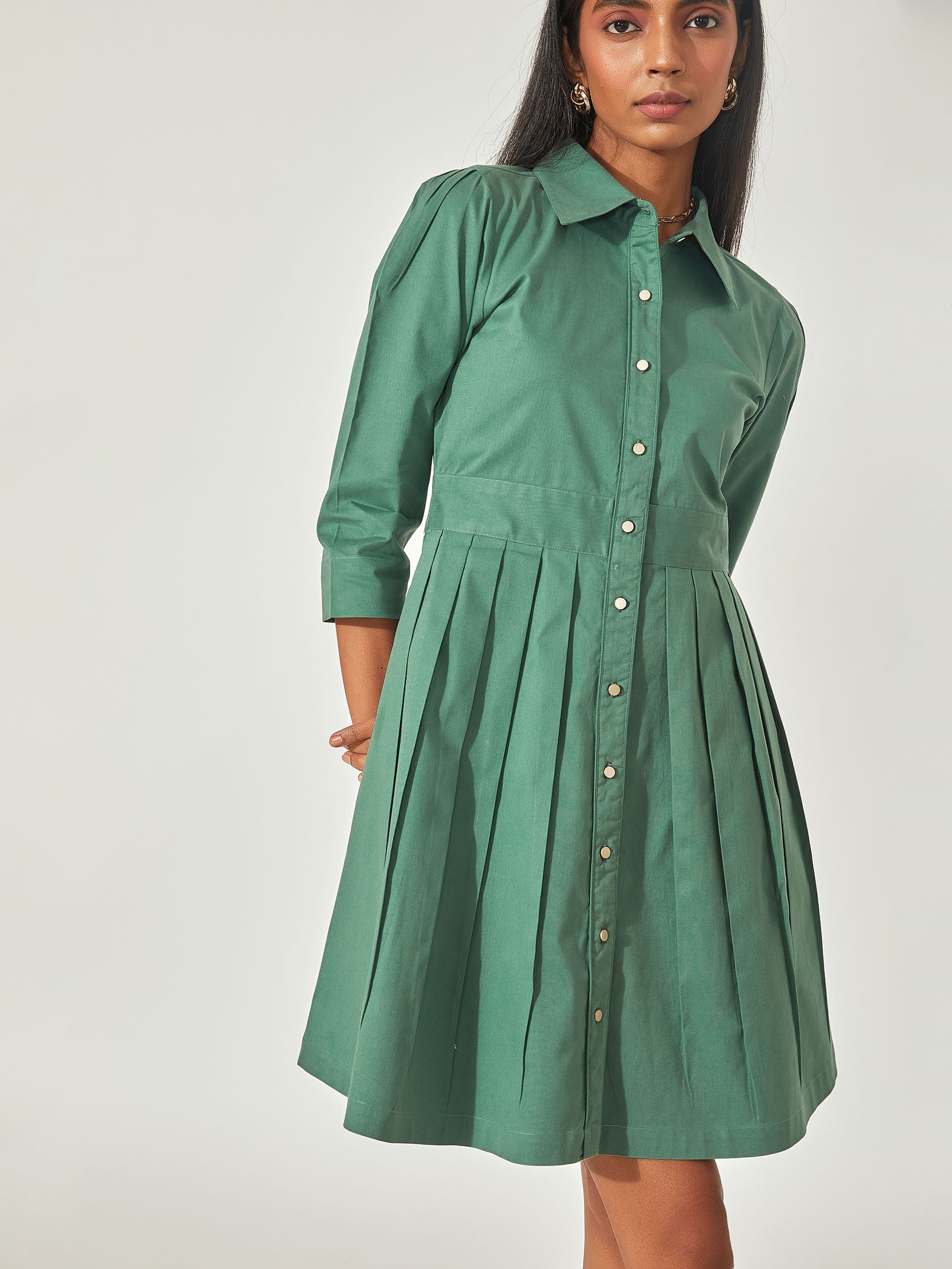 Pleated Sage Mini Dress