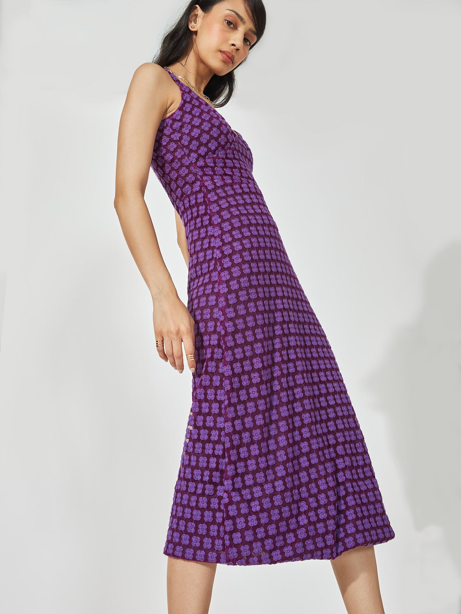Purple Embroidered Midi Dress