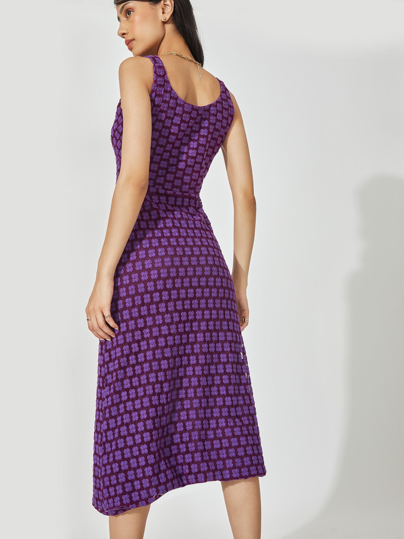 Purple Embroidered Midi Dress