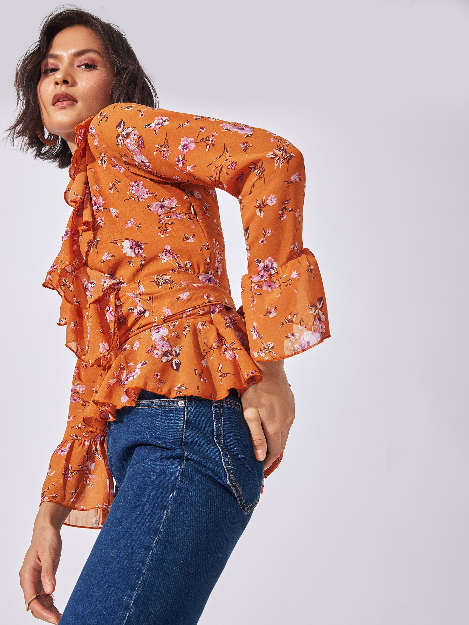 Rust Floral Ruffled Top