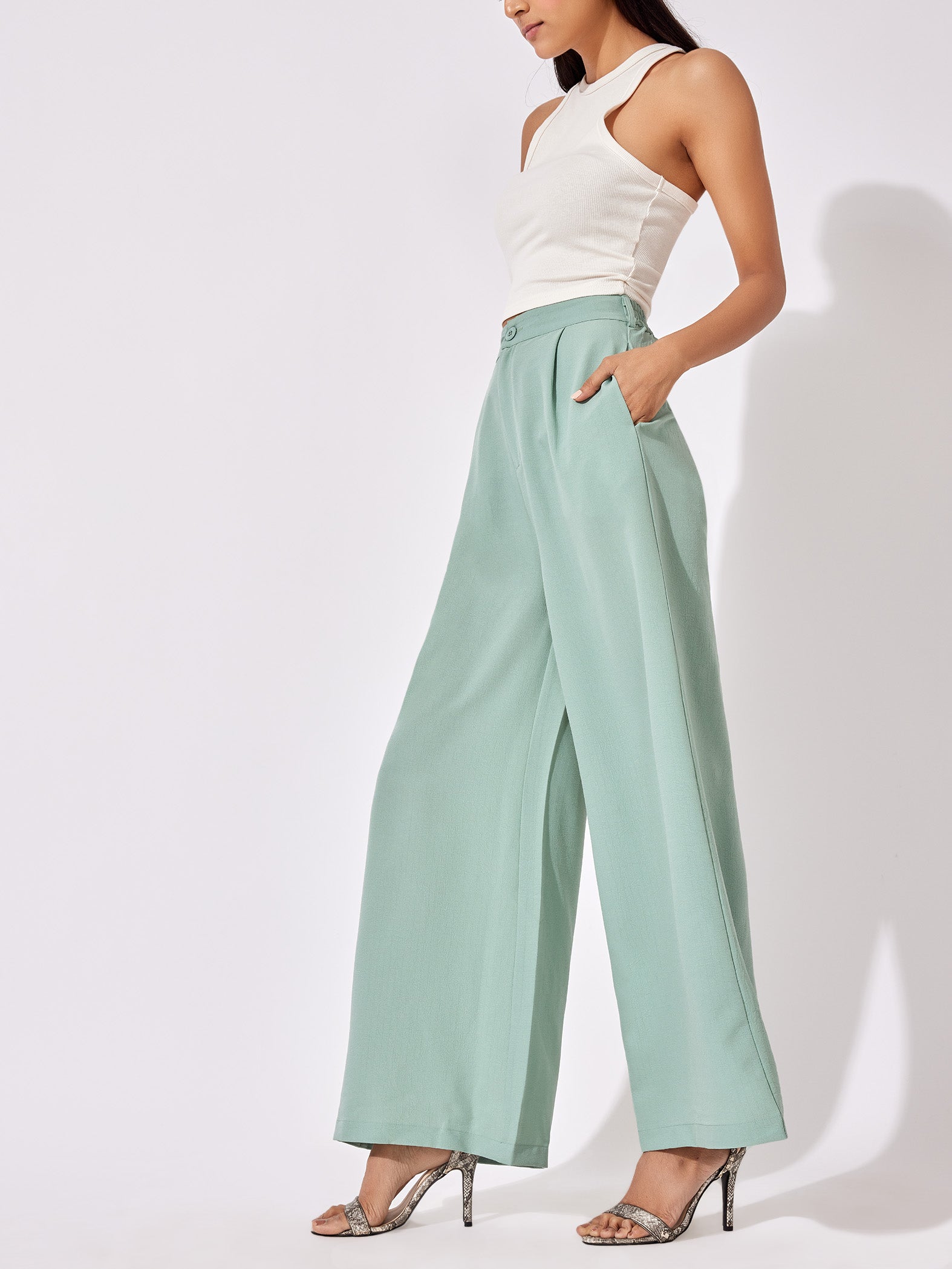 Sage Green Pleated Flare Pants