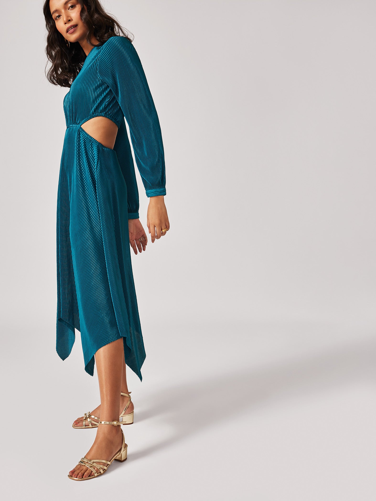 Teal Pleated Cut Out Dress