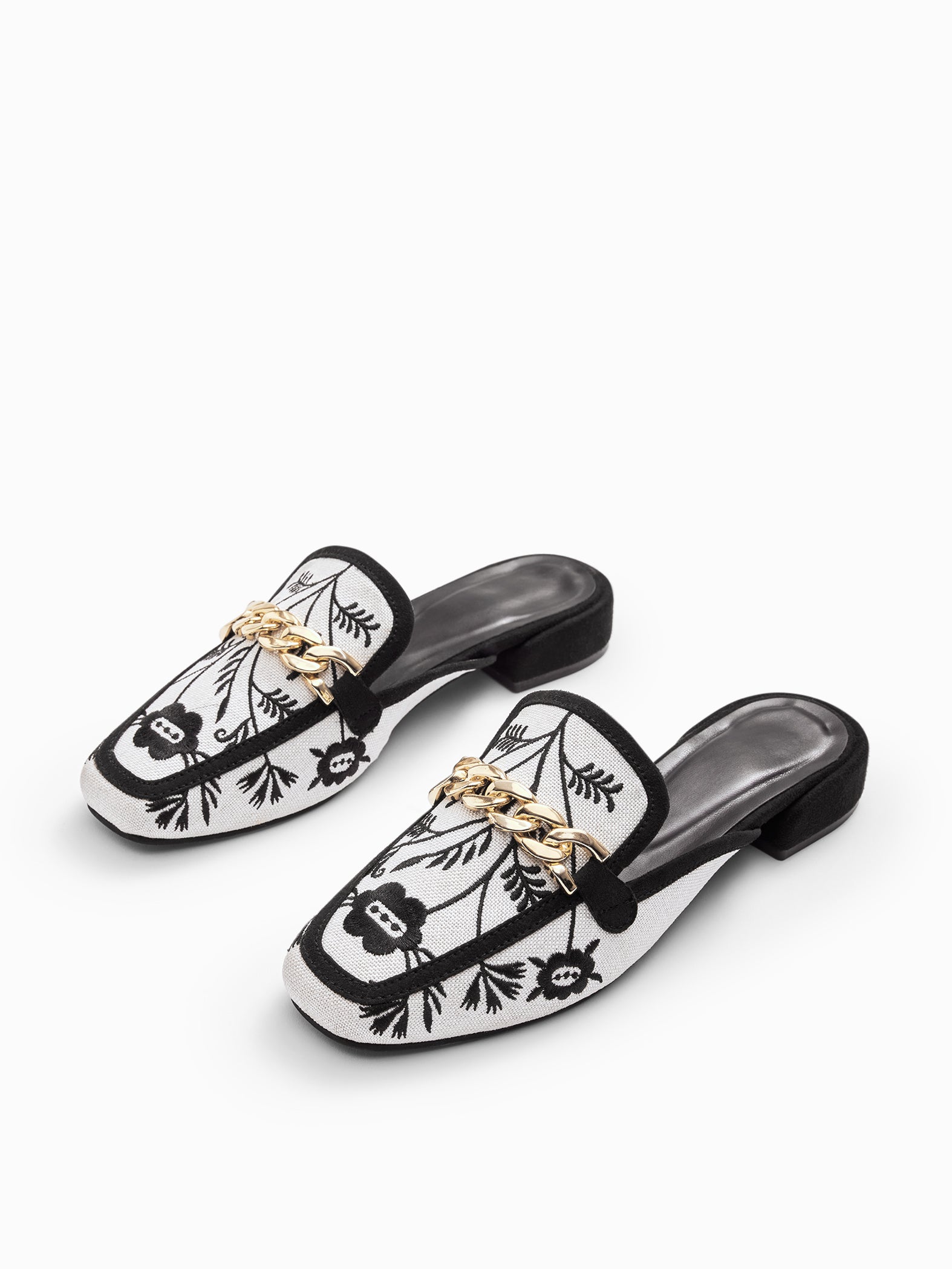 White Embroidered Chain Mules