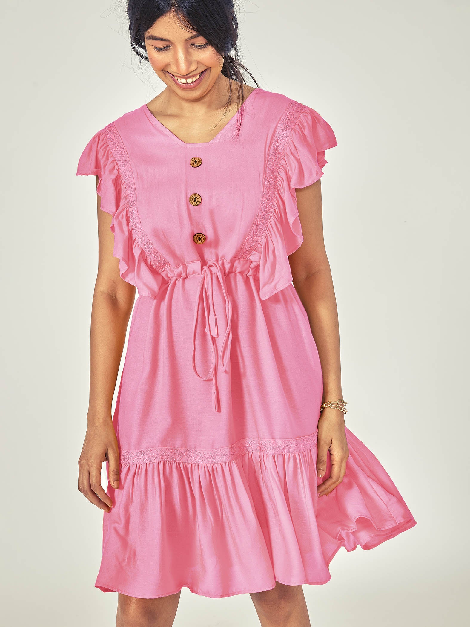pink ruffle sleeve tiered dress