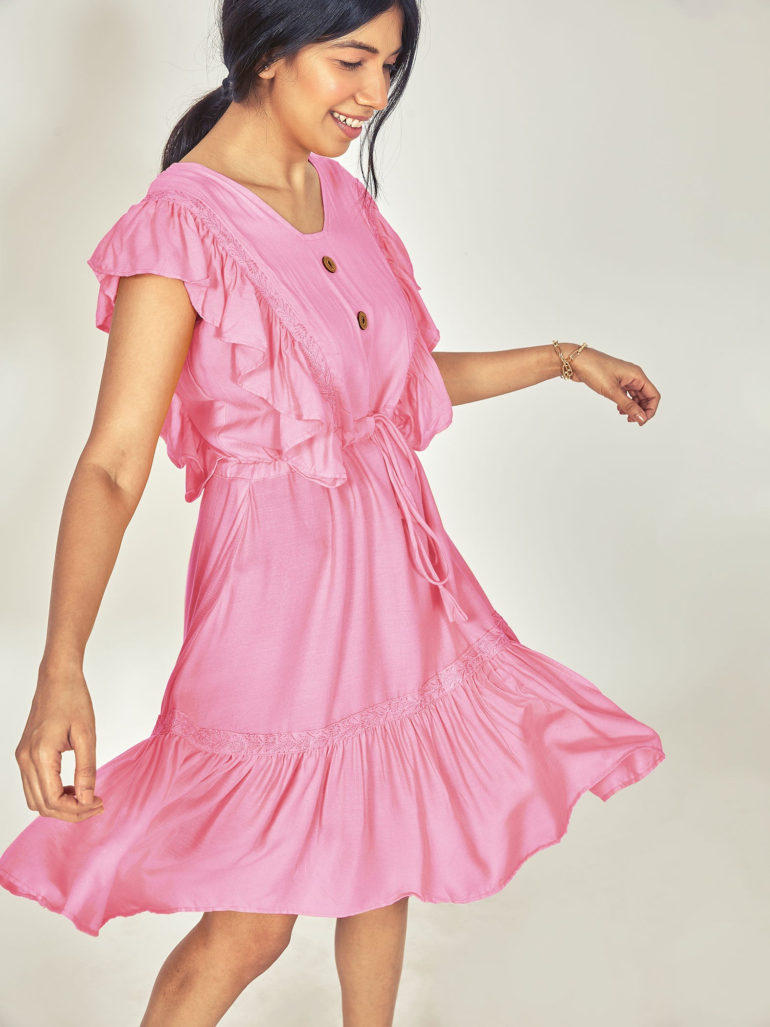 pink ruffle sleeve tiered dress