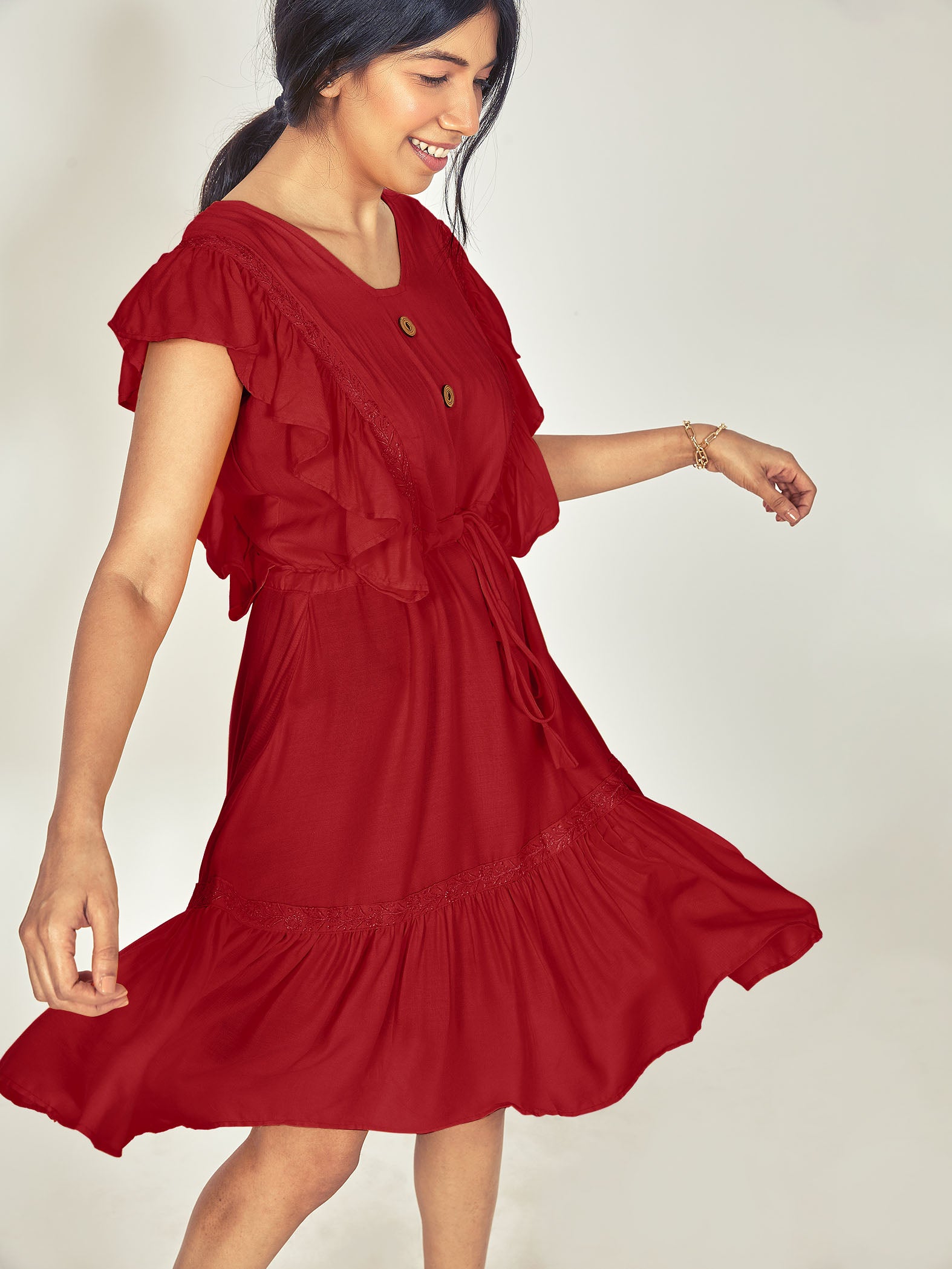 burgundy ruffle sleeve tiered dress