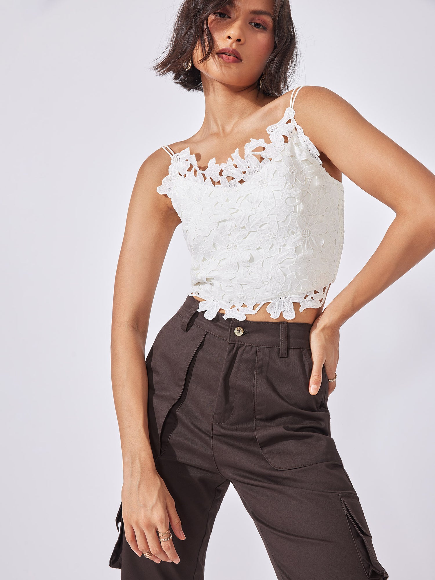 White Floral Lace Smocked Cami