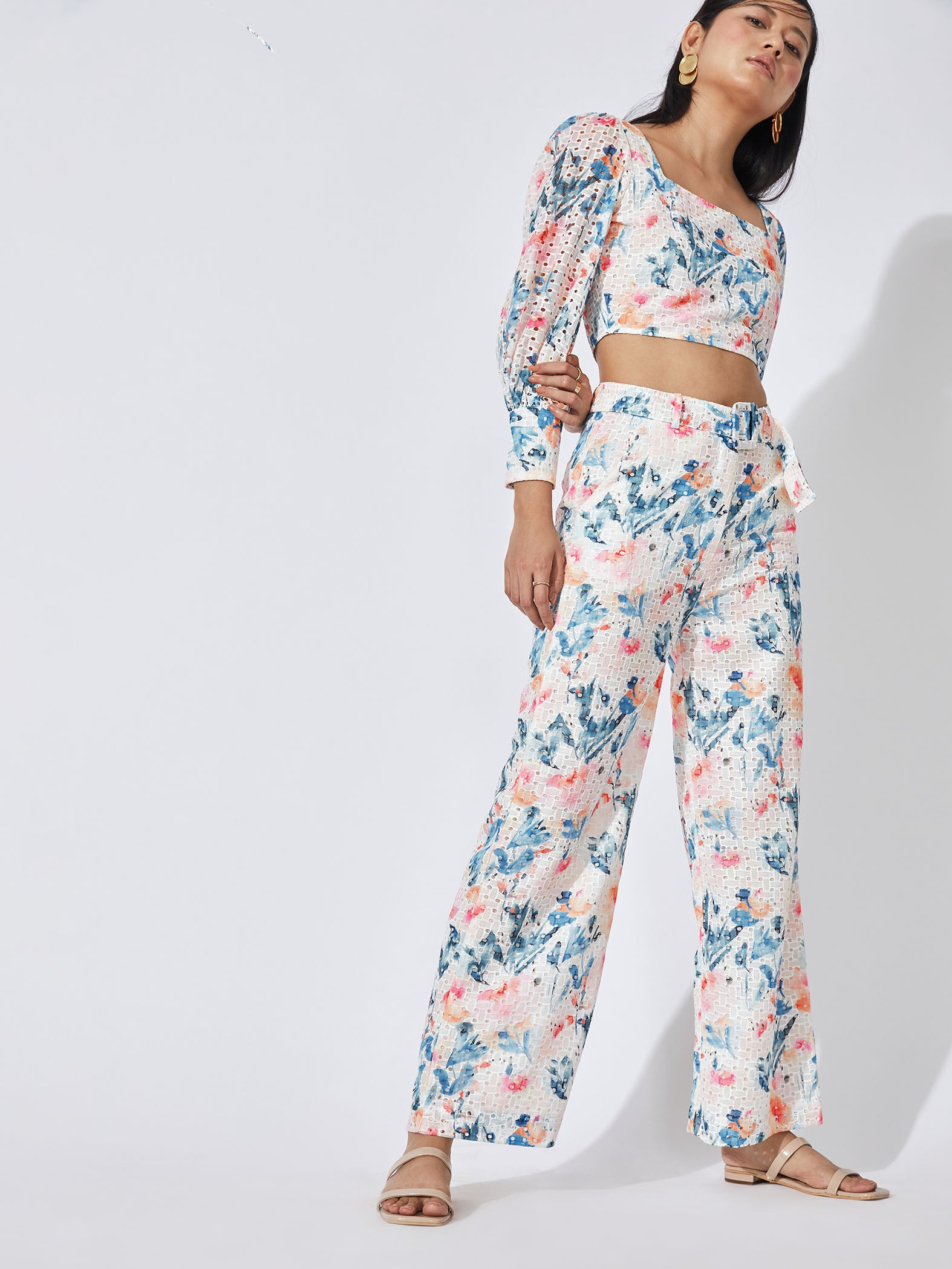 White Floral Schiffli Belted Trousers