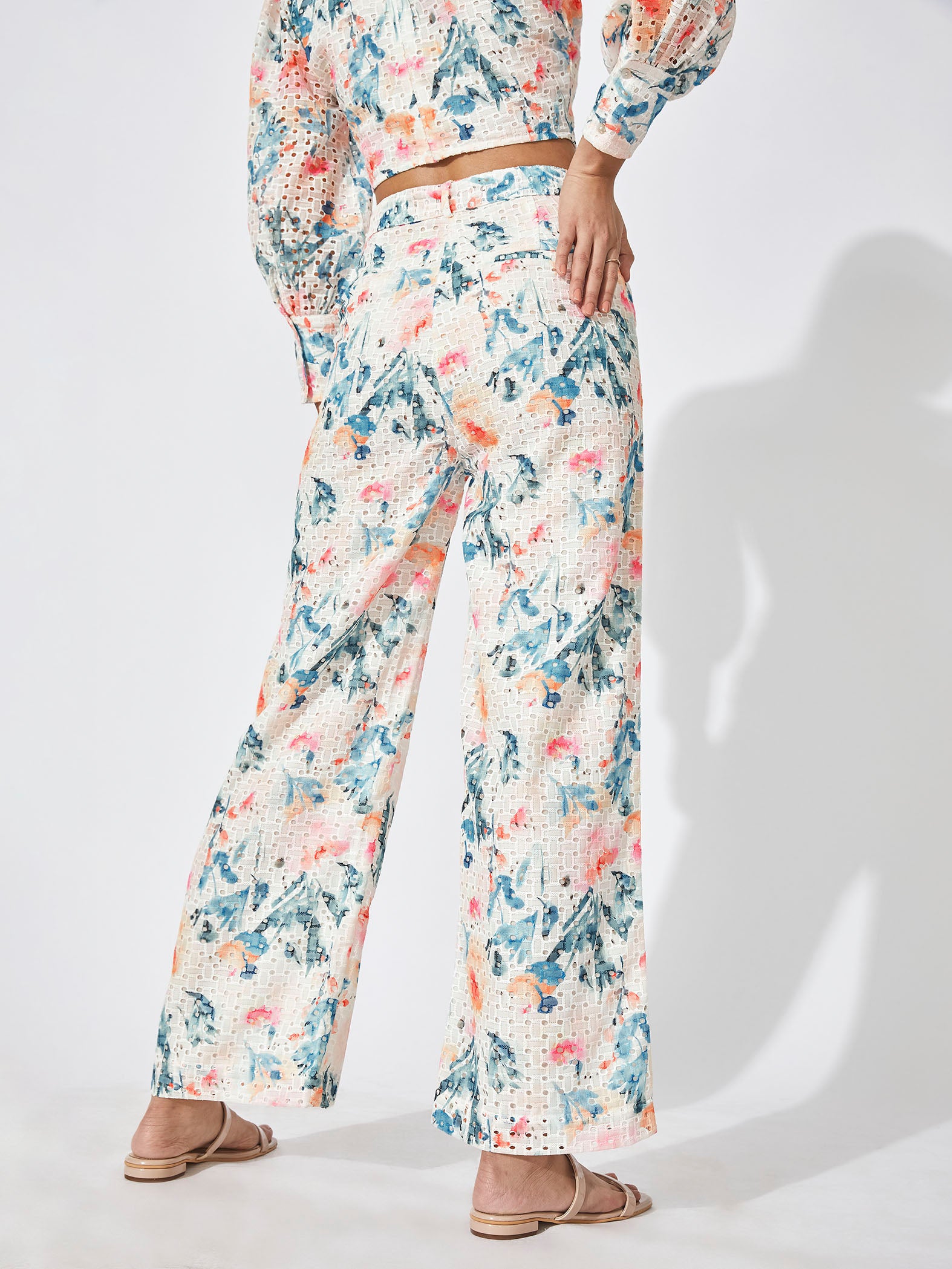 White Floral Schiffli Belted Trousers