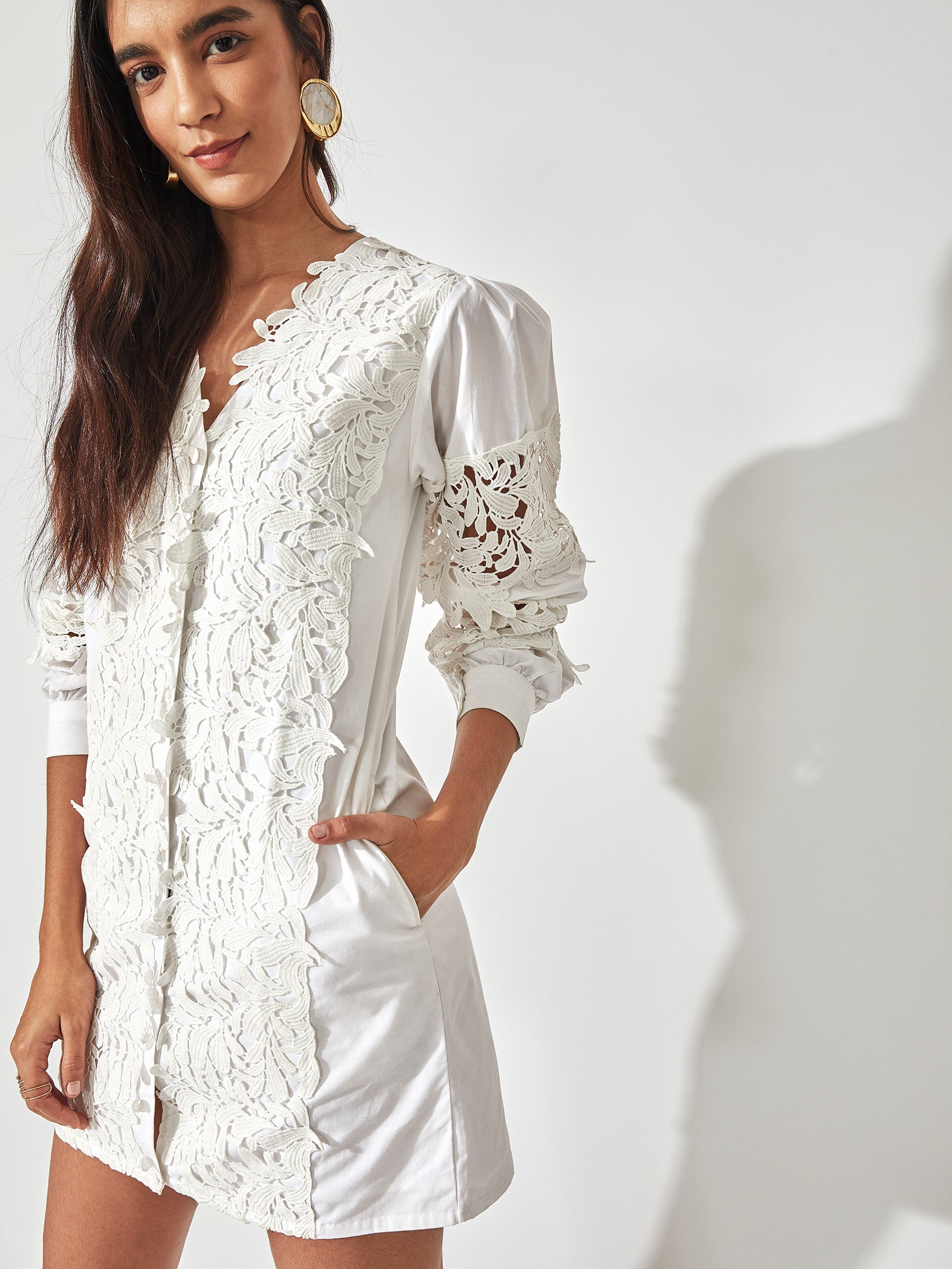 White Lace Insert Shirt Dress