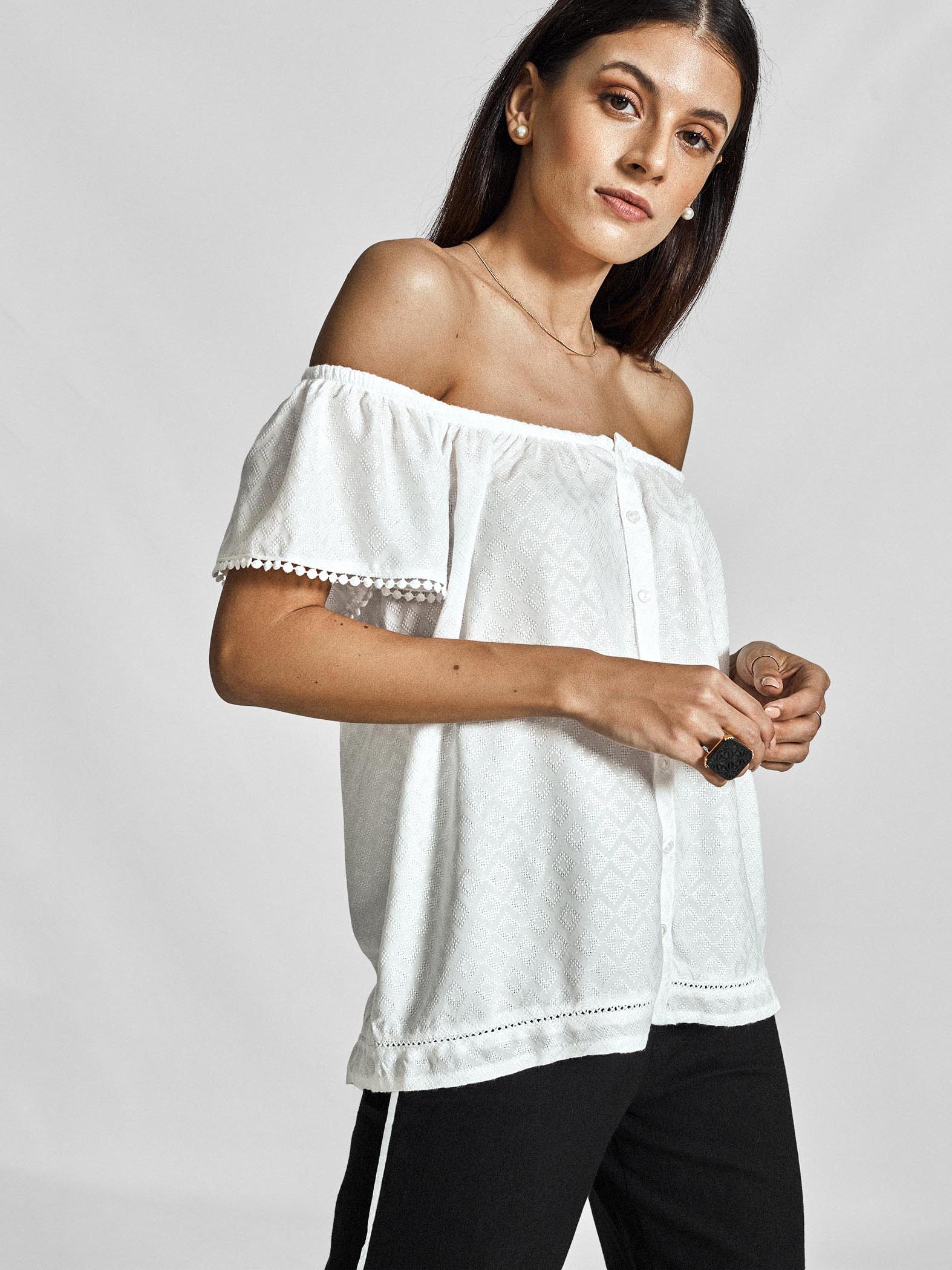 White Off Shoulder Buttoned Top