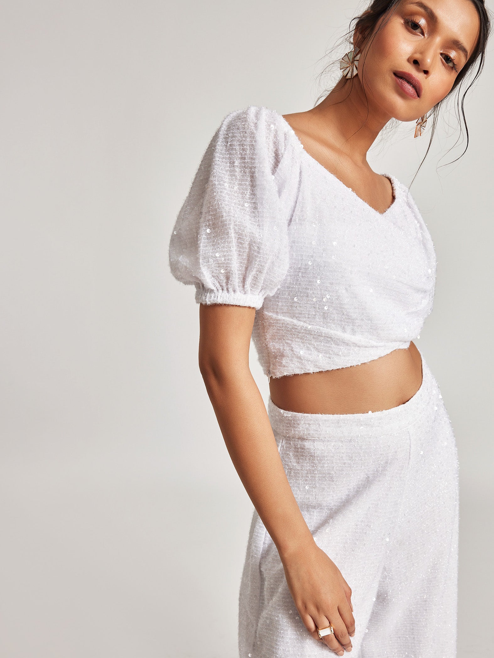 White Sequinned Puff Sleeve Top