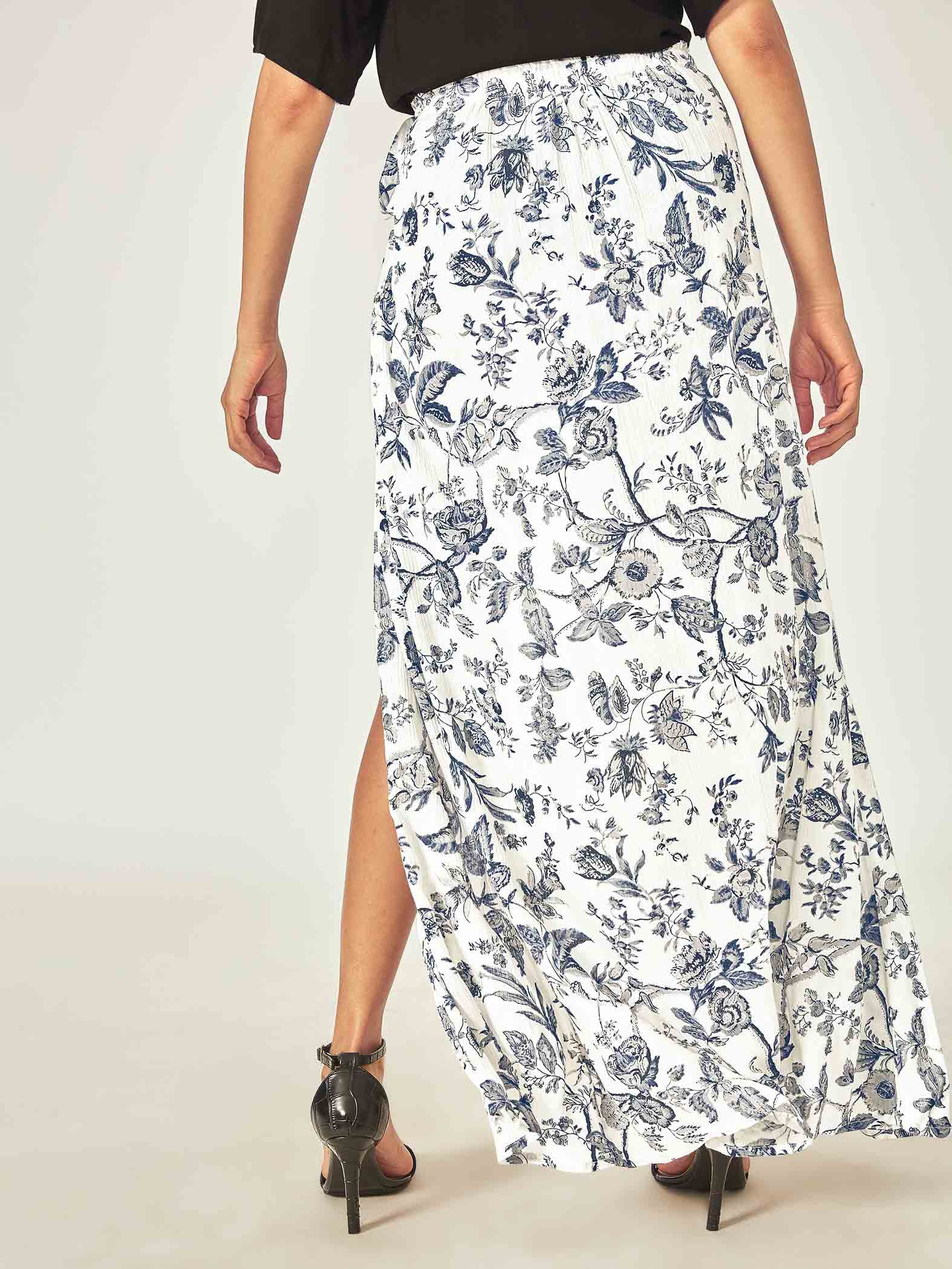 White & Azure Floral Slit Skirt