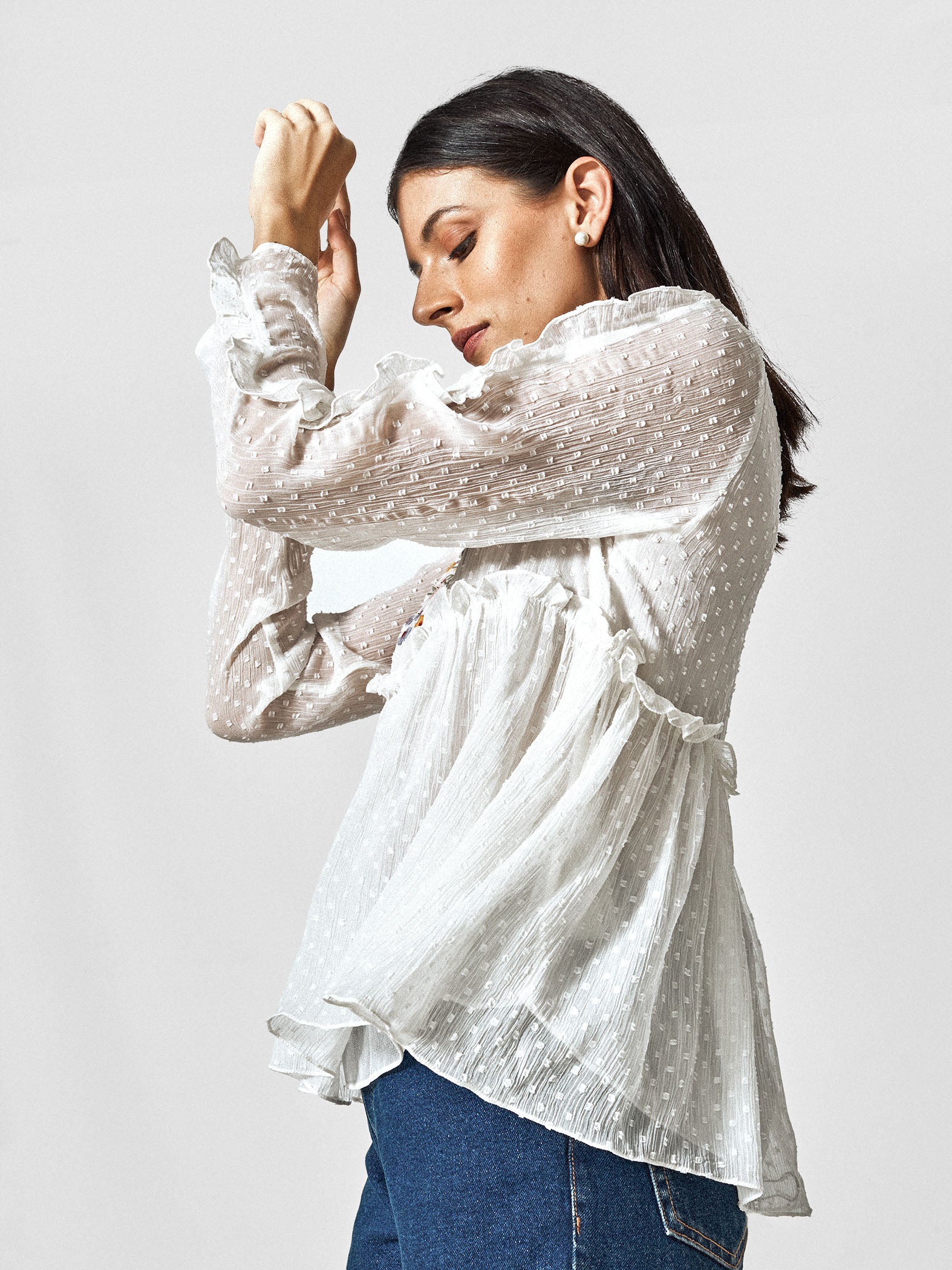 White Embroidered Ruffle Top