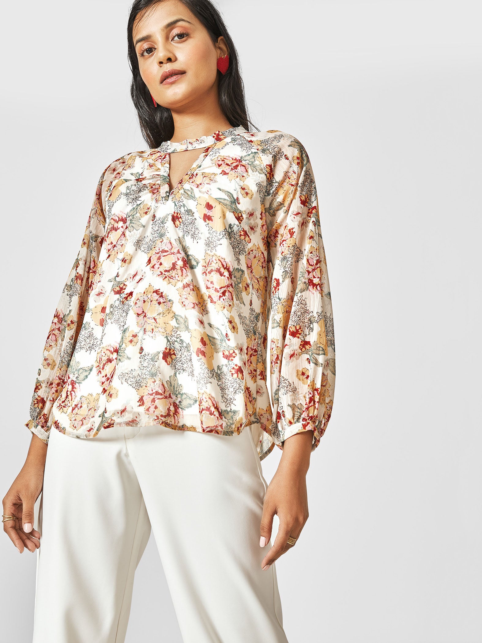 White Floral Balloon Sleeve Top