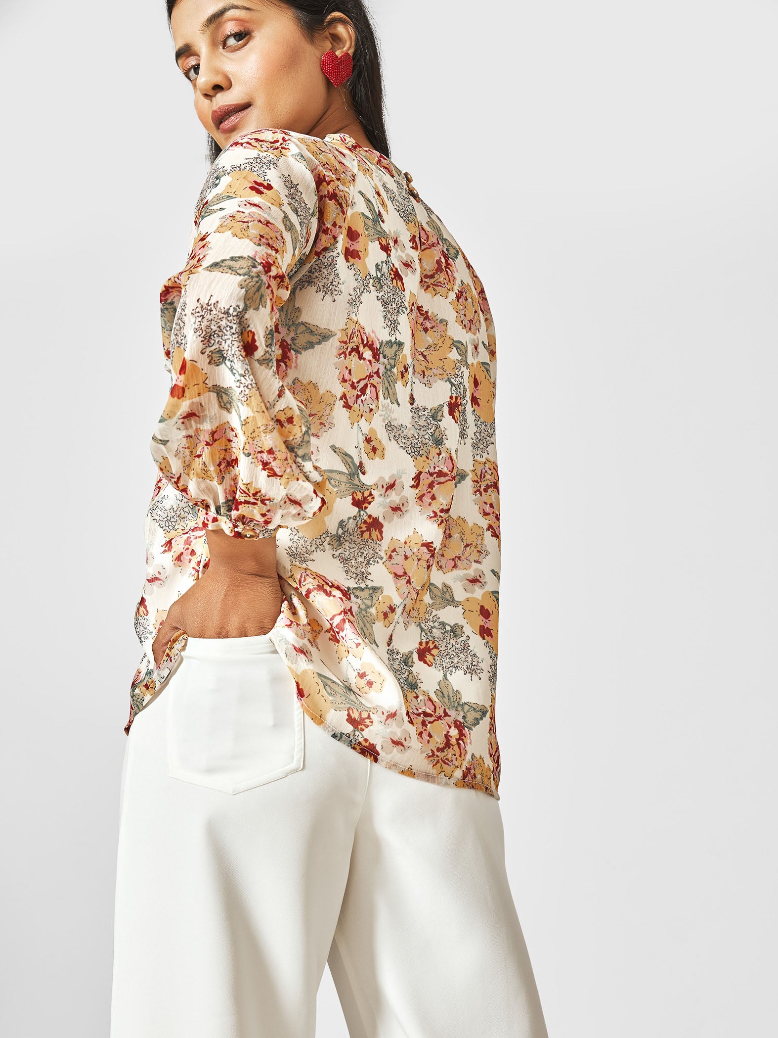 White Floral Balloon Sleeve Top