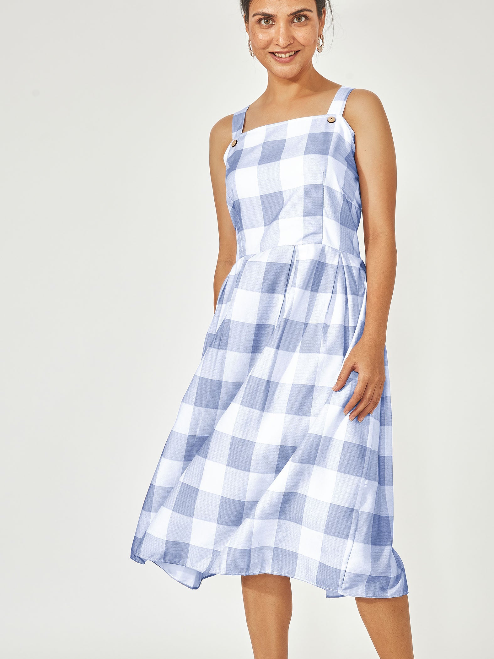 White & Spruce Blue Checks Dress