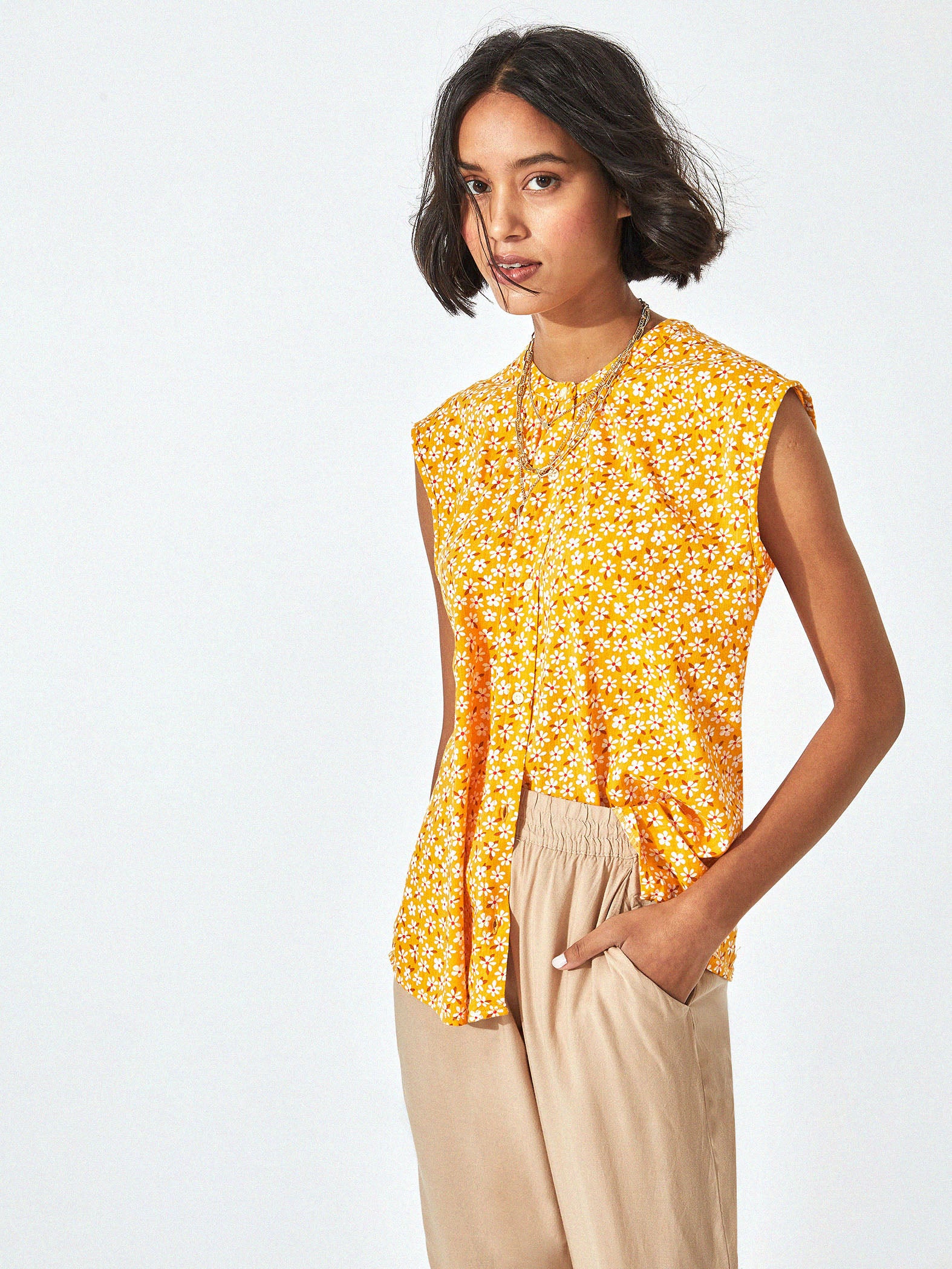 Yellow Floral Button Down Top