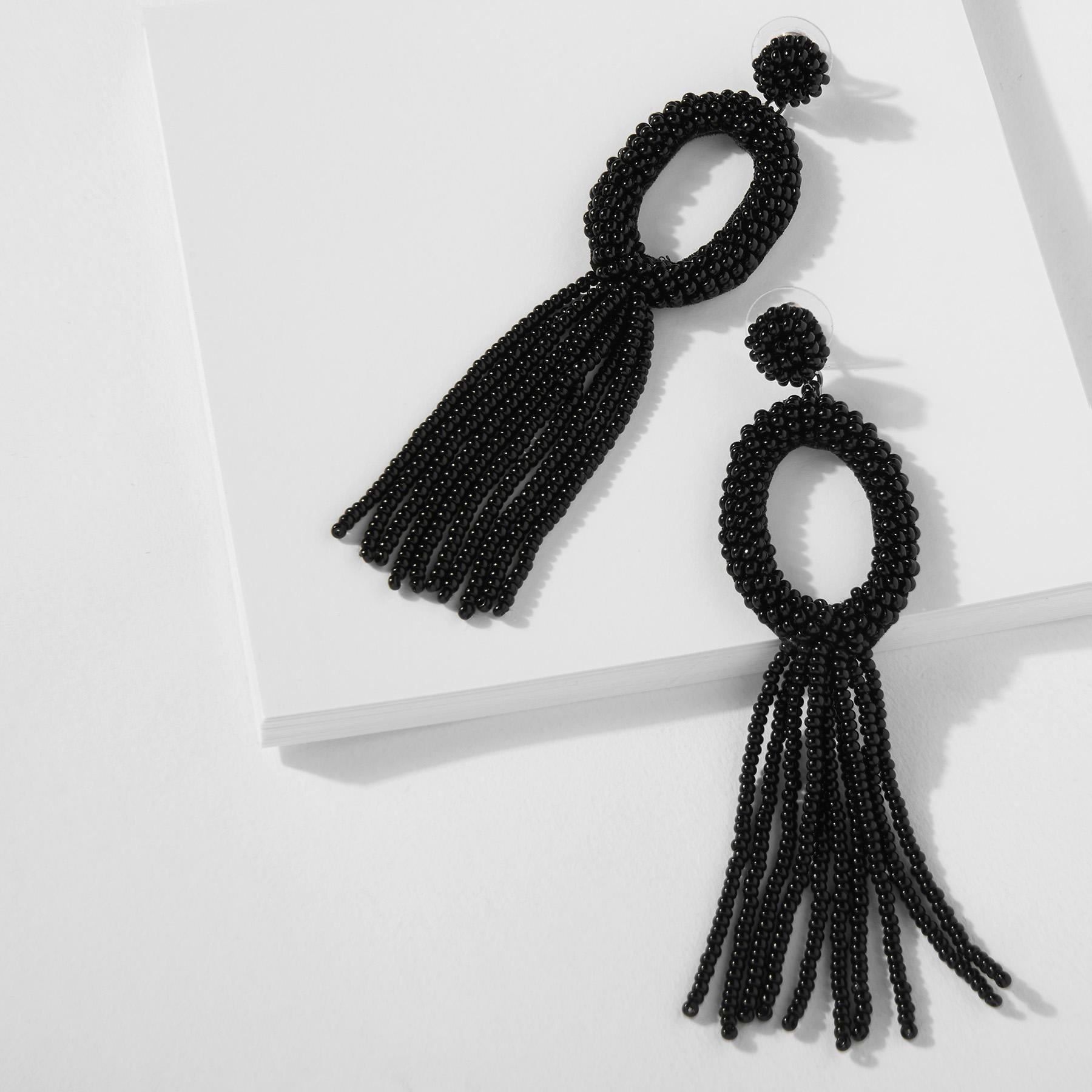 Black Oval Beaded Tassel Earrings