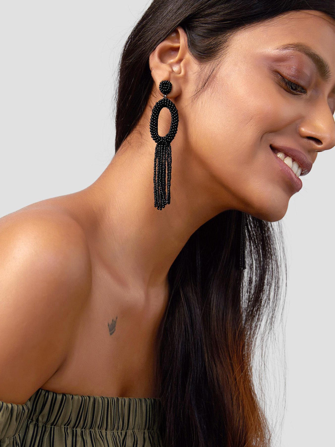 Black Oval Beaded Tassel Earrings