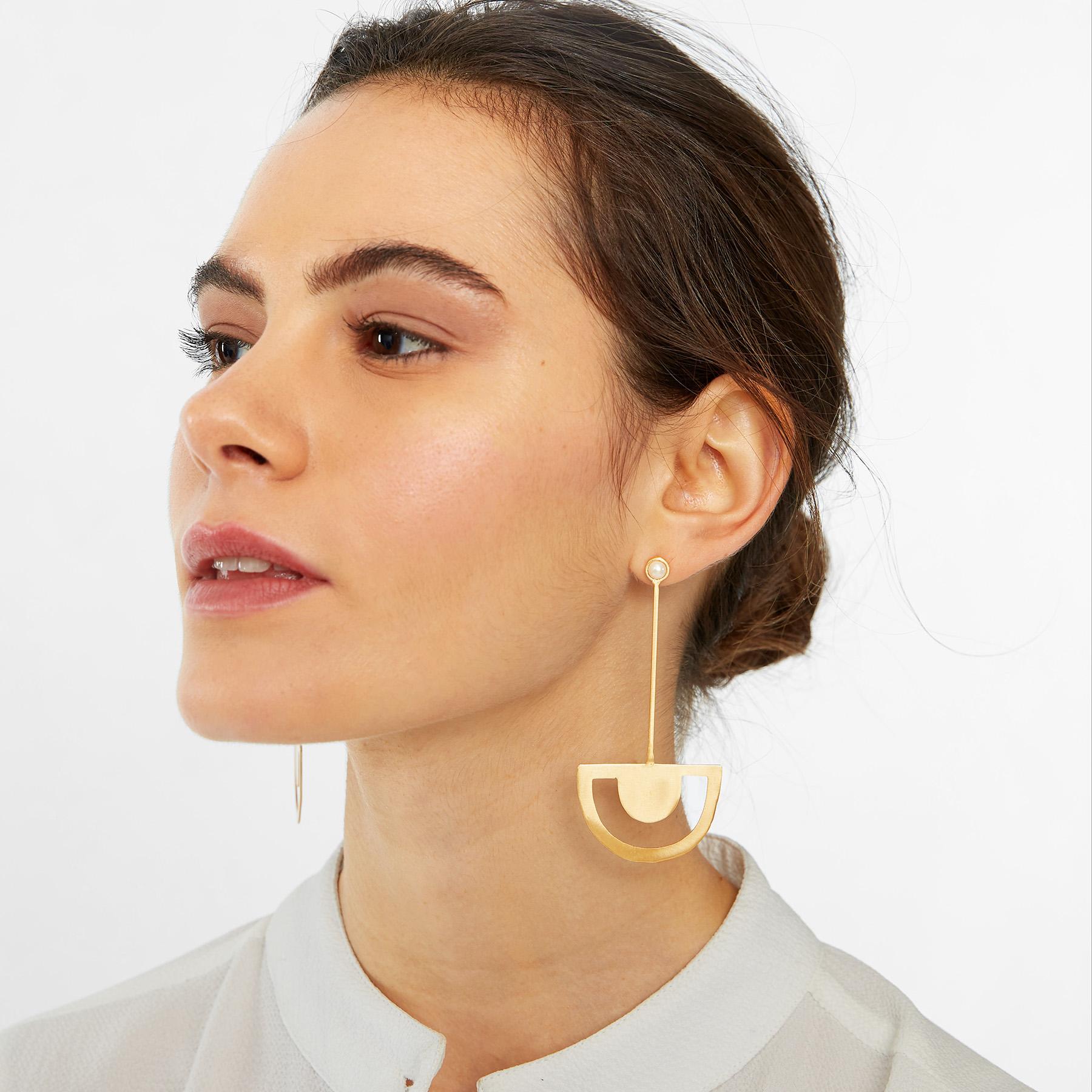 Gold Matte Pearl Half Moon Earrings
