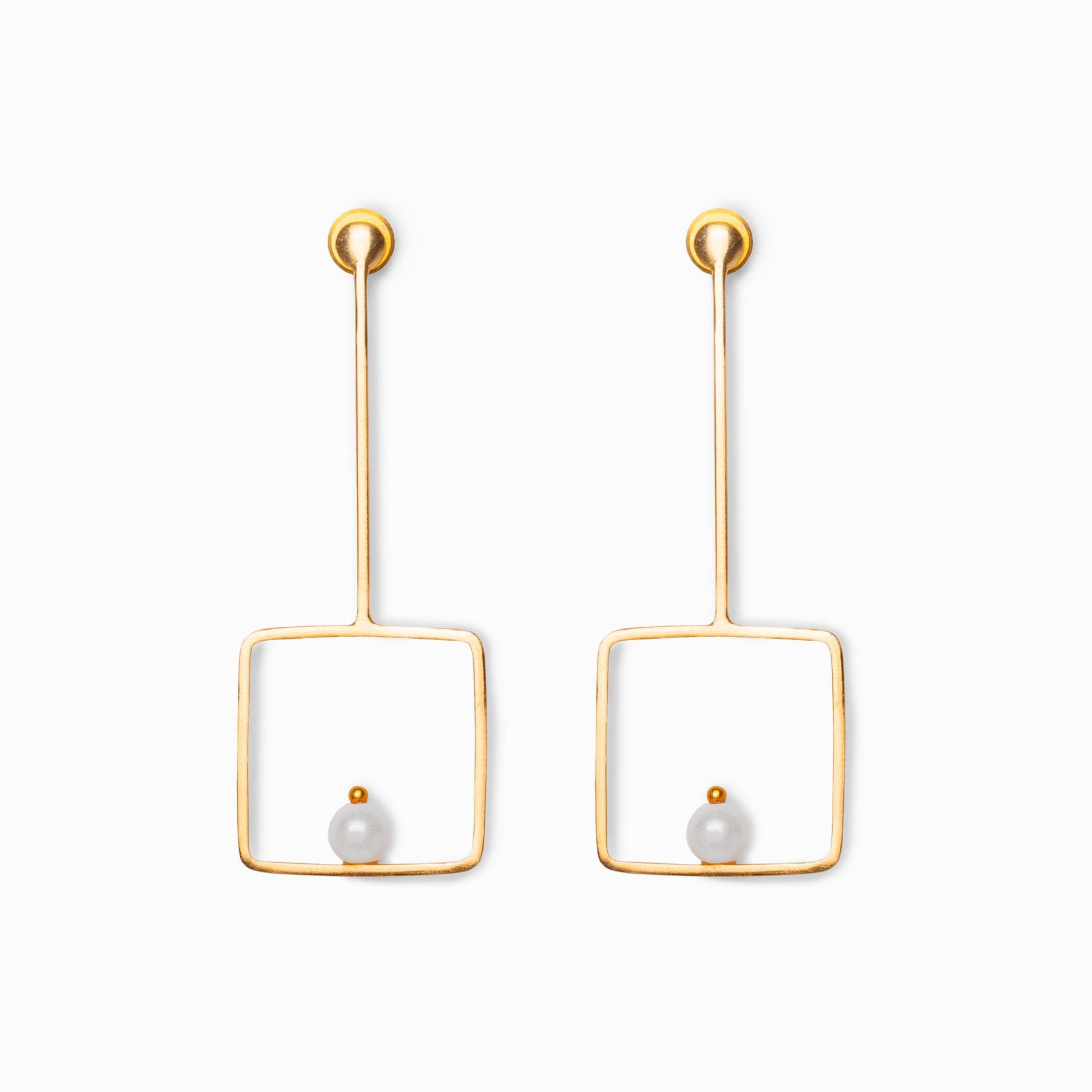 Gold Matte Pearl Square Earrings
