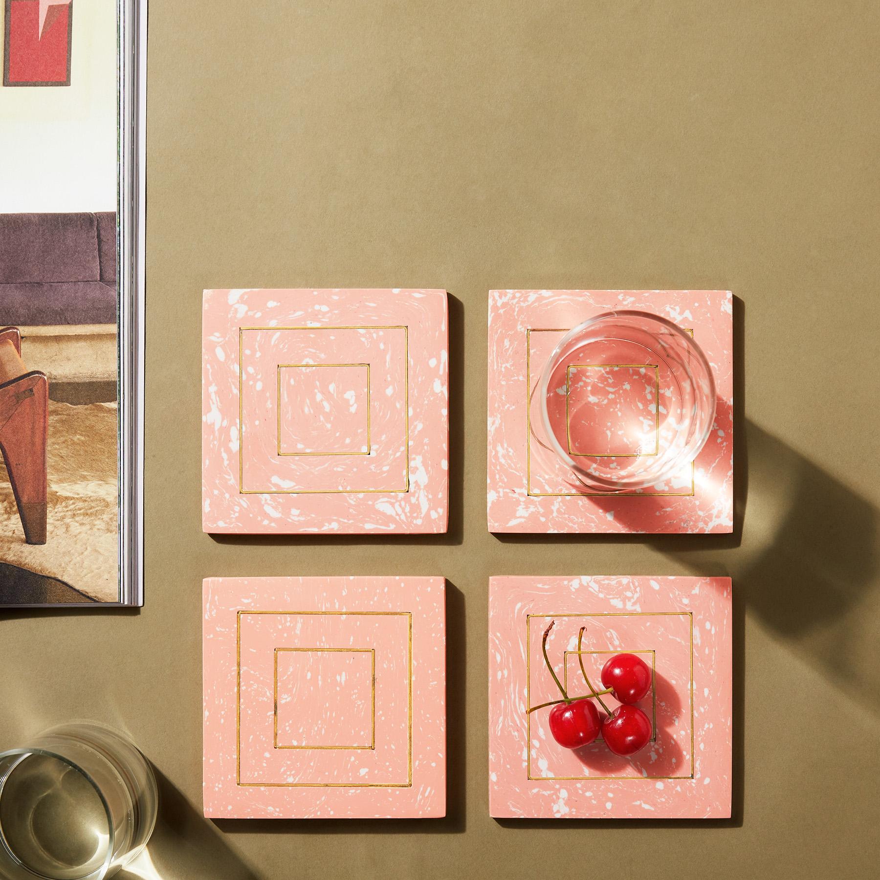 Peach Marble & Brass Square Coasters