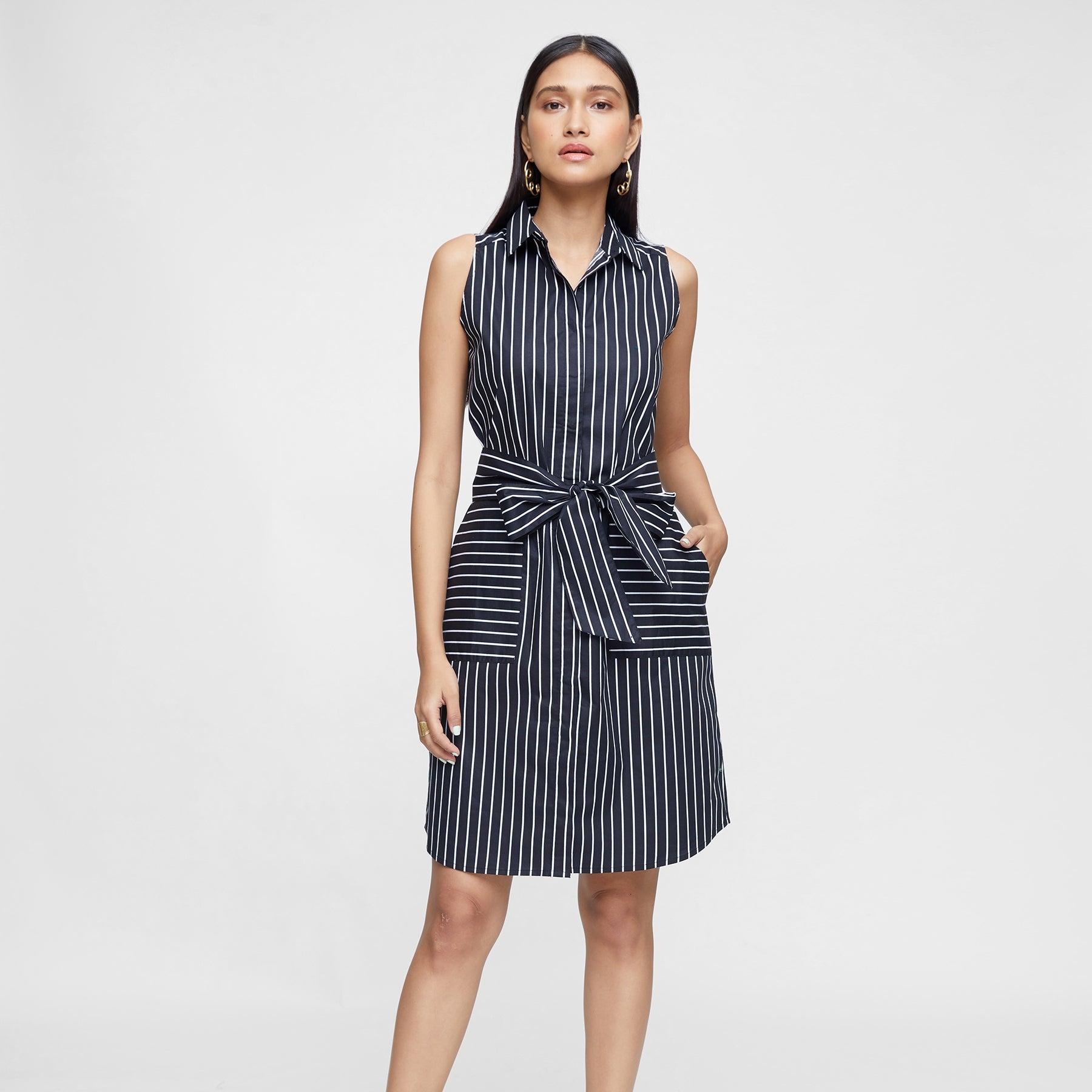 Monochrome Striped Sleeveless Shirt Dress