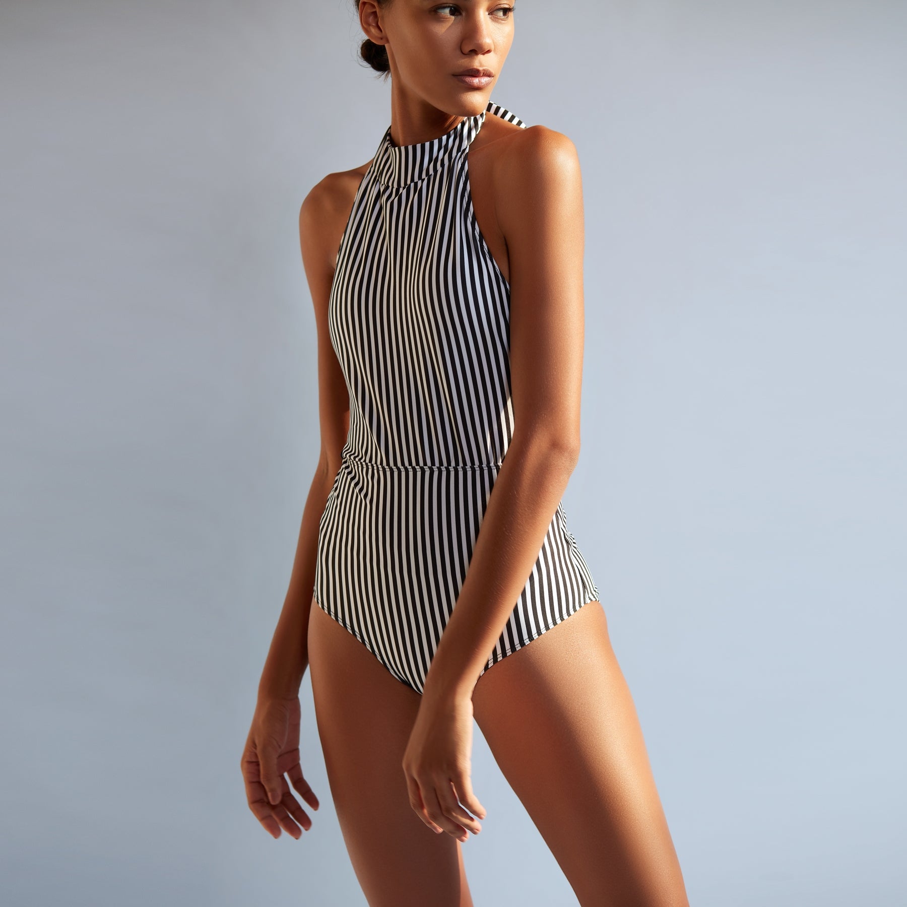 Monochrome Striped Braided Halter Swimsuit